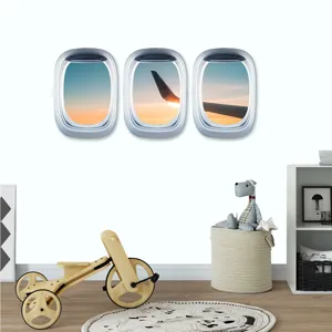 Adesivo murale oblò aereo 3D per cameretta bambini, decalcomania paesaggio rimovibile.