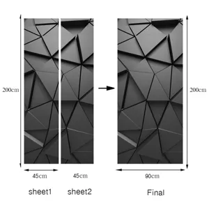Detailed dimension diagram showing two 45x200cm sheets combining into a 90x200cm 3D sticker.