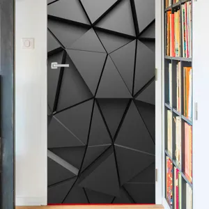 3D geometric door sticker detail, abstract dark polygon pattern, vinyl decor.