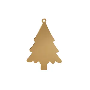Gold mirror acrylic Christmas tree pendant detail, smooth reflective surface with hanging hole.