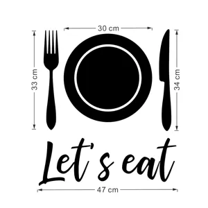 Acrylic mirror wall sticker with Let's eat letters and cutlery design for kitchen decor.