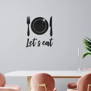 Acrylic mirror wall sticker detail, knife fork plate design, Let's eat dining room decor.