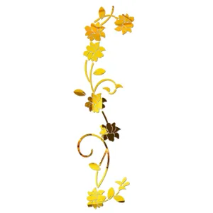 Goldene Acryl Blumen Reben Spiegel Wandaufkleber fuer Schlafzimmer Wohnzimmer Deko.