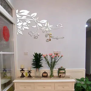 Sticker mural miroir 3D en acrylique design fleur vigne pour salon chambre déco style.