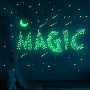 Autocollants muraux phosphorescents lettres MAGIC étoiles et lune déco chambre enfant.
