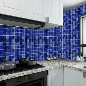 Blue crystal mosaic tile stickers for kitchen backsplash, waterproof retro wall decor sheets.