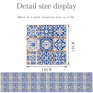 Pegatinas de azulejos retro azul y blanco, set 20pcs 10x10cm para pared de cocina.