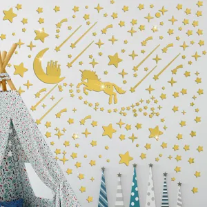 Adesivi murali castello unicorno acrilico oro specchio stelle arredamento cameretta