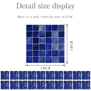 Blue crystal mosaic tile stickers, 10x10cm waterproof kitchen wall stickers, 20pcs pack.
