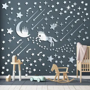 Adesivo murale specchio in acrilico con unicorno e castello carini per decorazione cameretta.
