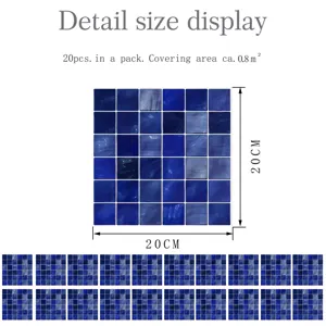 Blue mosaic tile sticker detail size display showing 20pcs pack with 20x20cm dimensions.