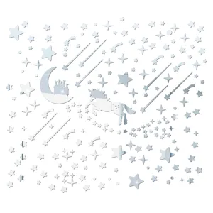 Vista dettagliata adesivo murale specchio acrilico castello unicorno stanza bambini.
