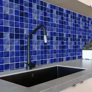 Blue mosaic tile stickers for kitchen backsplash, waterproof self-adhesive wall paper decor.