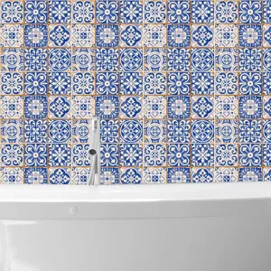 Adhesivos de azulejos de mosaico retro azul y blanco para decoración de pared.