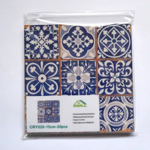 Vista detallada de pegatinas de pared de azulejos de cristal retro azul y blanco.