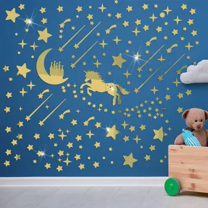 Adesivi murali specchio oro unicorno castello stelle fai da te per cameretta bambini