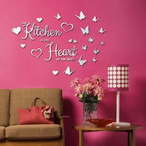 Acrylic mirror wall sticker featuring kitchen heart quote and butterflies, ideal for home decor.
