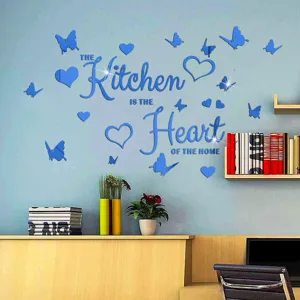 Acrylic mirror wall sticker detail view showing blue kitchen quote letters and cute butterflies.