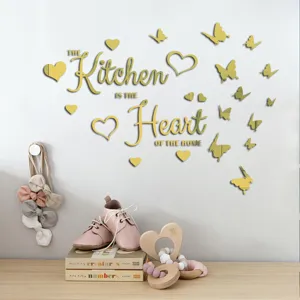 Gold acrylic wall sticker kitchen quote with butterflies and hearts for home decor detail view