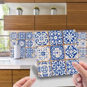 Adhesivos De Pared De Azulejos Azules Retro PVC Impermeable Autoadhesivo Mosaico Calcomanías Para Cocina Baño Decoración