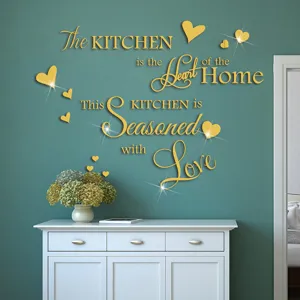 Acrylic 3D mirror wall stickers with English quotes for kitchen decor, gold heart design.
