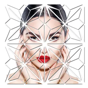 Detailed close-up of geometric acrylic mirror wall sticker showing crystal reflection effect.