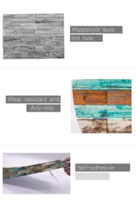 Close-up details of waterproof wood grain self-adhesive tile and floor sticker designs.