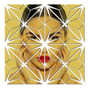 Detail view of 3D geometric acrylic mirror wall sticker, crystal mirror sticker decor.