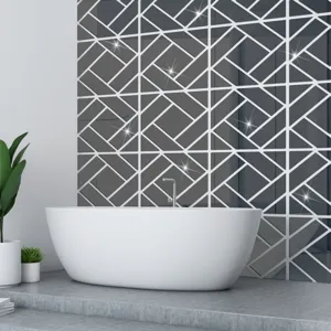 Modern 3D geometric mirror wall sticker detail view, acrylic crystal decor for home.