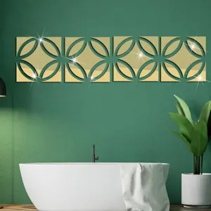 3D acryl spiegel muursticker, gouden geometrisch bloemenpatroon decor voor modern huis.