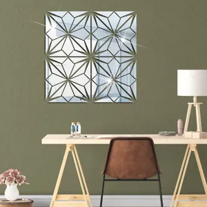 Detailed view of 3D geometric acrylic mirror wall sticker showing stylish interior room decor.