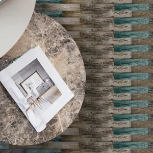 Detailed view of textured wood-grain and green tile stickers on floor, elegant lifestyle scene.
