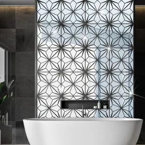 Modern 3D geometric acrylic mirror wall sticker, decorative self-adhesive mosaic tile detail.