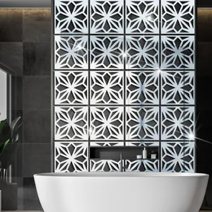 Detail view of 3D geometric acrylic mirror wall sticker, crystal self-adhesive decor.