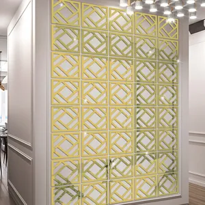Acrylic 3D geometric mirror wall sticker, golden decorative tile for modern home interior.