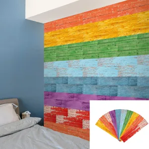 Colorful wooden plank wall sticker for home decor, self-adhesive DIY tile decal detail.