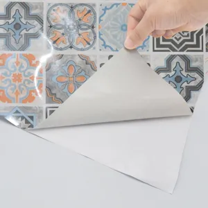 Waterproof oil-proof peel and stick kitchen wall tile sticker with self adhesive backing.