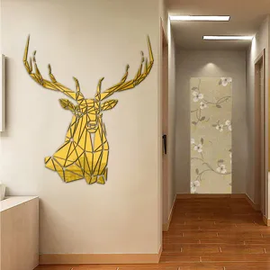 Acrylic mirror deer head wall sticker 3d geometric gold self-adhesive home decor for living room.