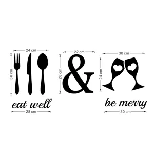 Acrylic mirror wall sticker detail showing fork spoon fork and wine glass design dimensions.