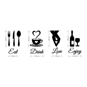 Set d'autocollants muraux 3D en acrylique avec design eat drink love enjoy pour cuisine salon.