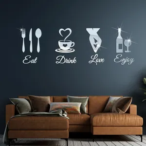 Sticker Mural en Miroir Acrylique Eat Drink Love Enjoy Slogans Couverts Tasse à Café 3D Autocollants Muraux DIY Décoration de Maison