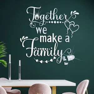 Adhesivo de pared de espejo acrilico con texto Together we make a Family para hogar.
