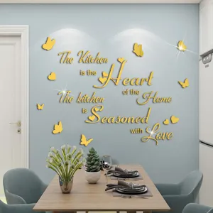 Gold acrylic mirror wall sticker with kitchen English quotes and cute butterfly decor for home.