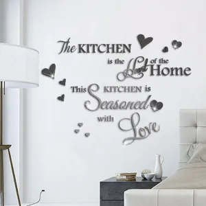 Detail view of acrylic mirror wall sticker featuring English quote and hearts for wall decor.