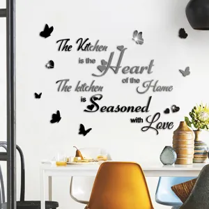 Acrylic mirror wall sticker with English quotes and butterfly design for kitchen home decor.