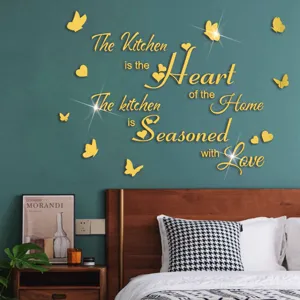 Acrylic mirror wall sticker featuring English quote and butterfly design for home decor detail.