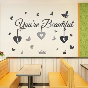 Adesivo murale acrilico specchio 3D cuore lettere inglesi fai da te decorazione impermeabile