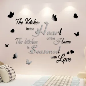 Acrylic mirror wall sticker with kitchen quotes, butterfly and heart decor for home bedroom.