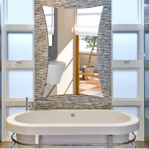 Modern bathroom mirror detail, unique concave shaped decorative wall mirror reflection.