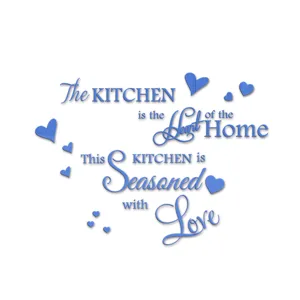 Blue acrylic kitchen wall sticker with English quotes and heart decals for home decor.